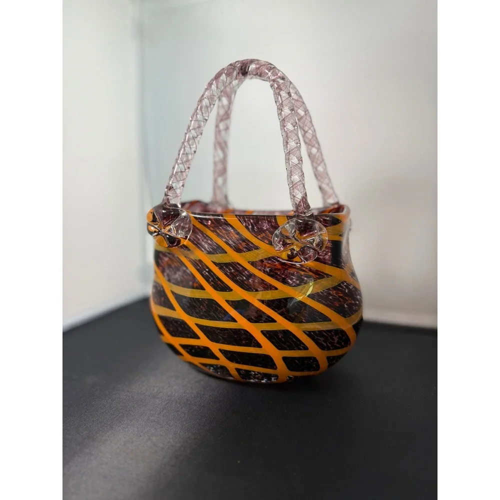 Fifth Avenue Crystal Glass‎ vase Purse Orange Black Swirl Twisted Handles